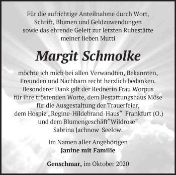 Traueranzeige von Margit Schmolke von Märkische Oderzeitung