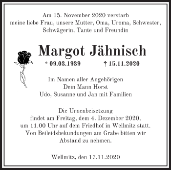 Traueranzeige von Margot Jähnisch von Märkische Oderzeitung