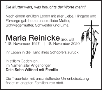 Traueranzeige von Maria Reinicke von Märkische Oderzeitung