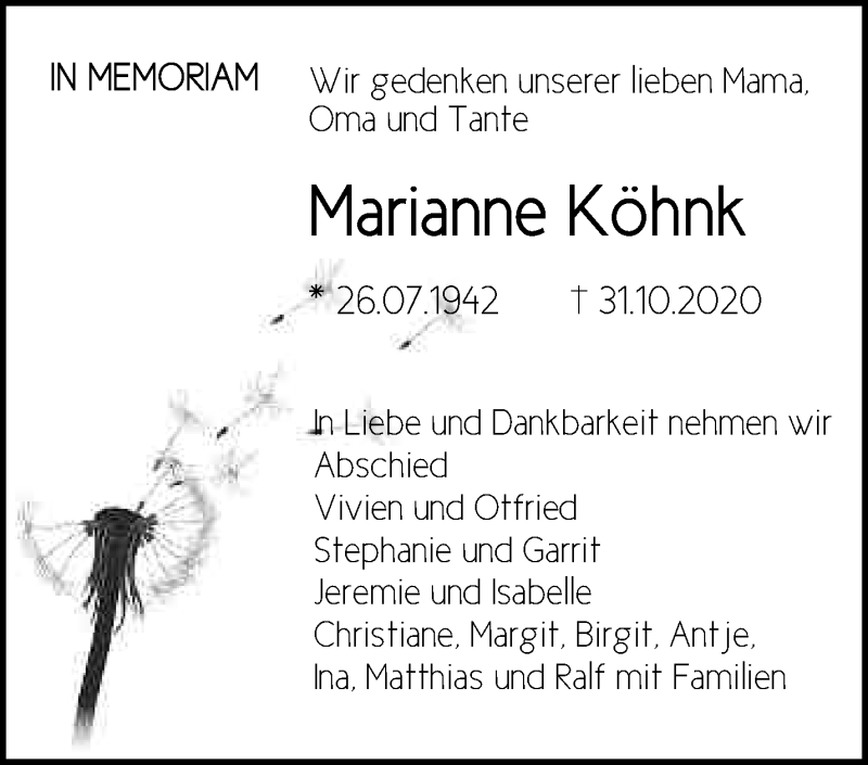  Traueranzeige für Marianne Köhnk vom 05.11.2020 aus Märkische Oderzeitung