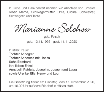 Traueranzeige von Marianne Selchow von Märkische Oderzeitung