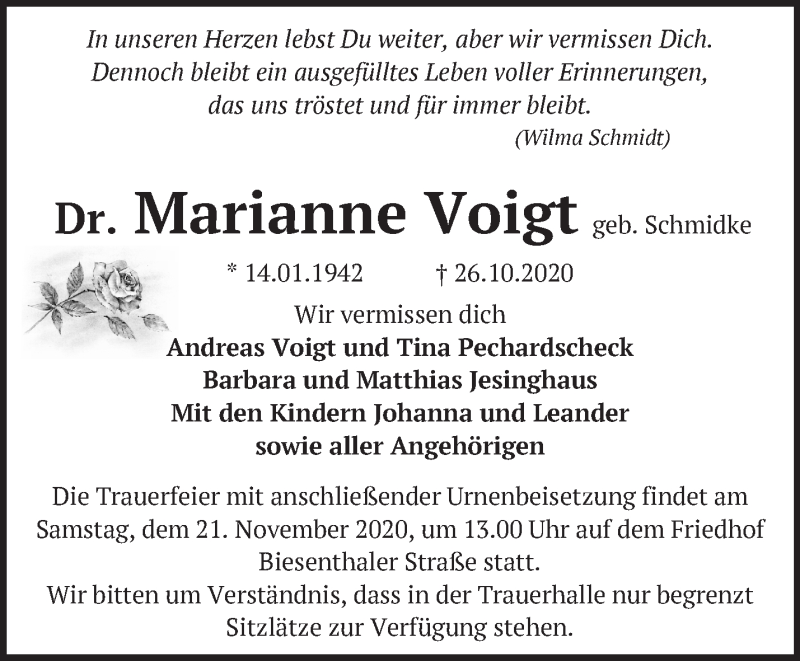  Traueranzeige für Marianne Voigt vom 14.11.2020 aus Märkische Oderzeitung