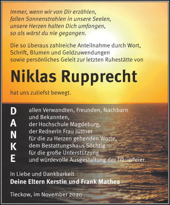 Traueranzeige von Niklas Rupprecht von Märkische Oderzeitung