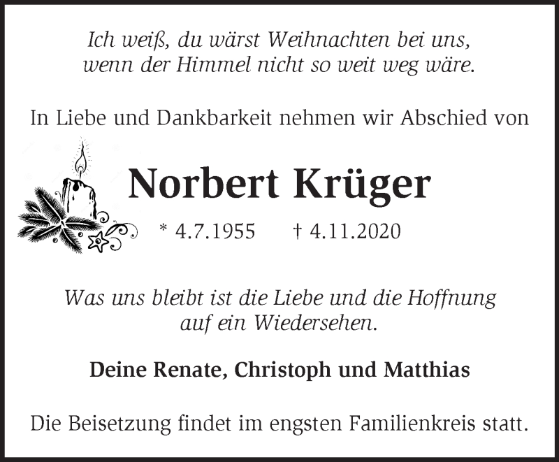  Traueranzeige für Norbert Krüger vom 15.11.2020 aus Märkische Oderzeitung