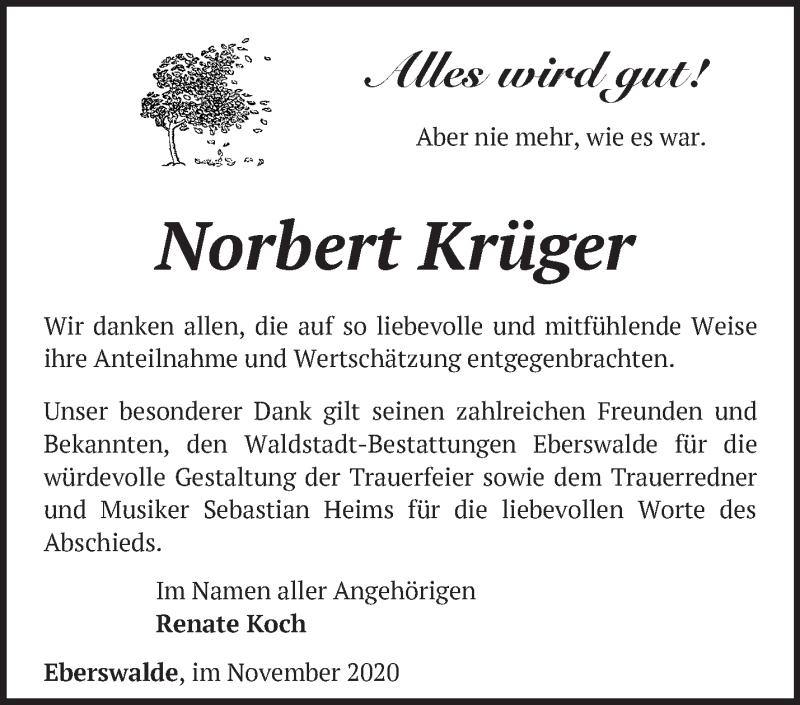  Traueranzeige für Norbert Krüger vom 29.11.2020 aus Märkische Oderzeitung