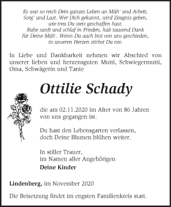 Traueranzeige von Ottilie Schady von Märkische Oderzeitung