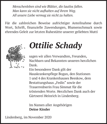 Traueranzeige von Ottilie Schady von Märkische Oderzeitung