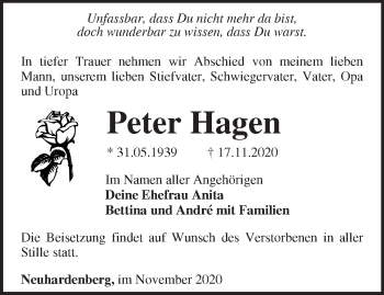 Traueranzeige von Peter Hagen von Märkische Oderzeitung