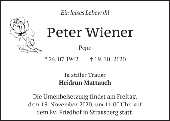 Traueranzeige von Peter Wiener von Märkische Oderzeitung