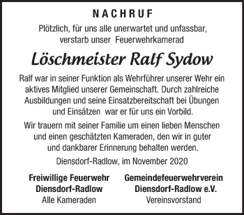 Traueranzeige von Ralf Sydow von Märkische Oderzeitung