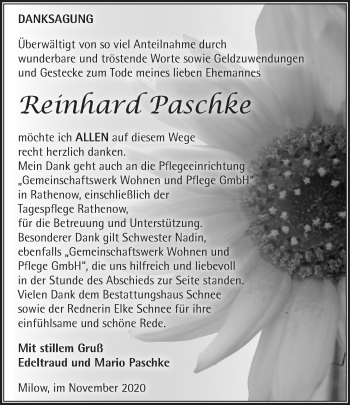 Traueranzeige von Reinhard Paschke von Märkische Oderzeitung