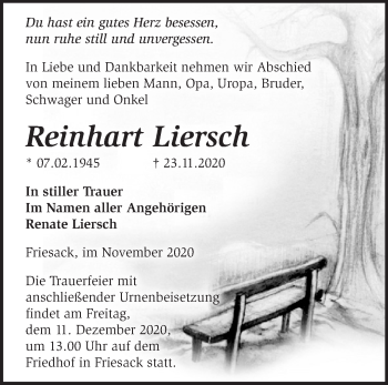 Traueranzeige von Reinhart Liersch von Märkische Oderzeitung