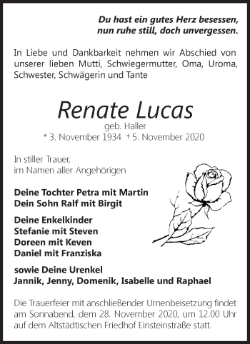 Traueranzeige von Renate Lucas von Märkische Oderzeitung