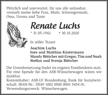 Traueranzeige von Renate Luchs von Märkische Oderzeitung