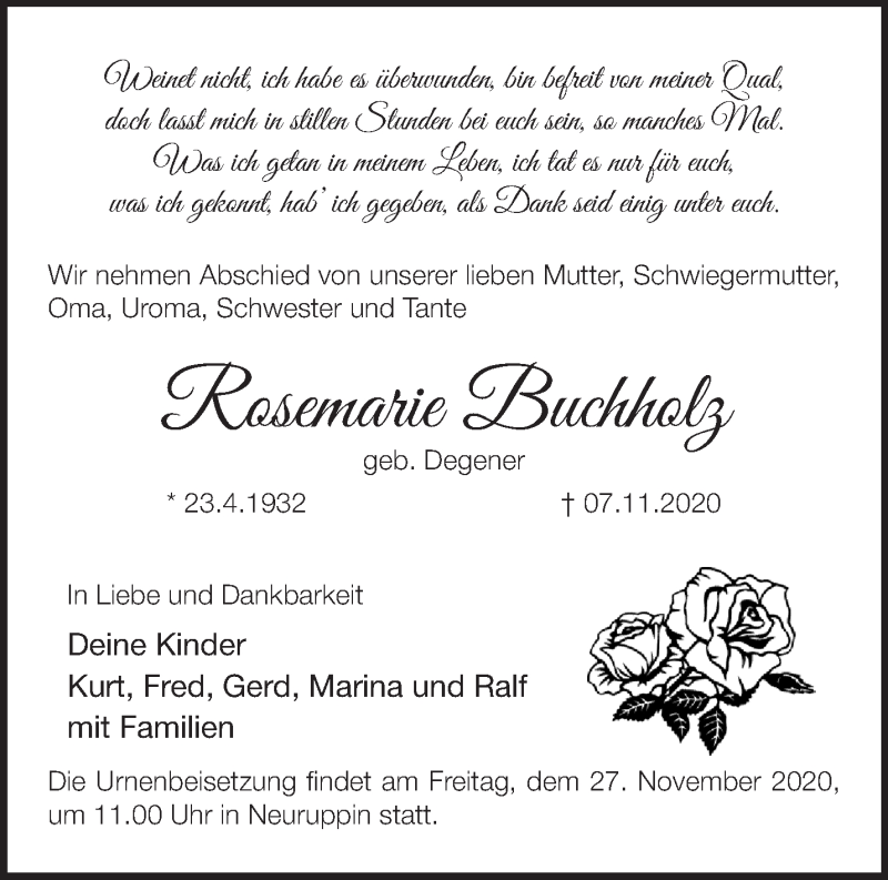  Traueranzeige für Rosemarie Buchholz vom 21.11.2020 aus Märkische Oderzeitung