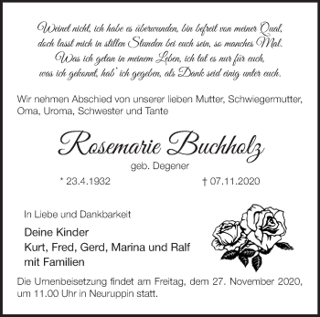 Traueranzeige von Rosemarie Buchholz von Märkische Oderzeitung