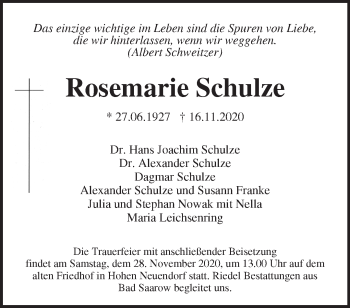 Traueranzeige von Rosemarie Schulze von Märkische Oderzeitung