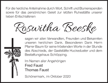 Traueranzeige von Roswitha Beeske von Märkische Oderzeitung