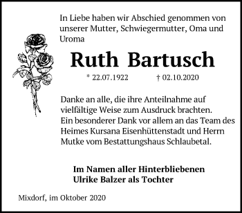 Traueranzeige von Ruth Bartusch von Märkische Oderzeitung