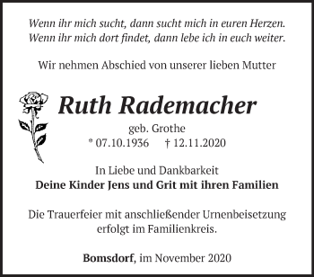 Traueranzeige von Ruth Rademacher von Märkische Oderzeitung