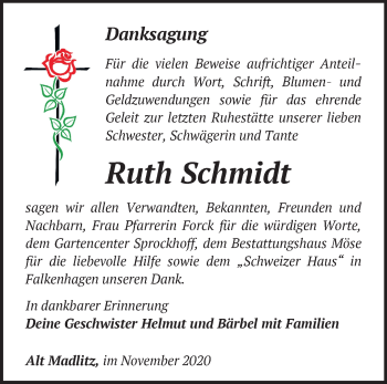 Traueranzeige von Ruth Schmidt von Märkische Oderzeitung