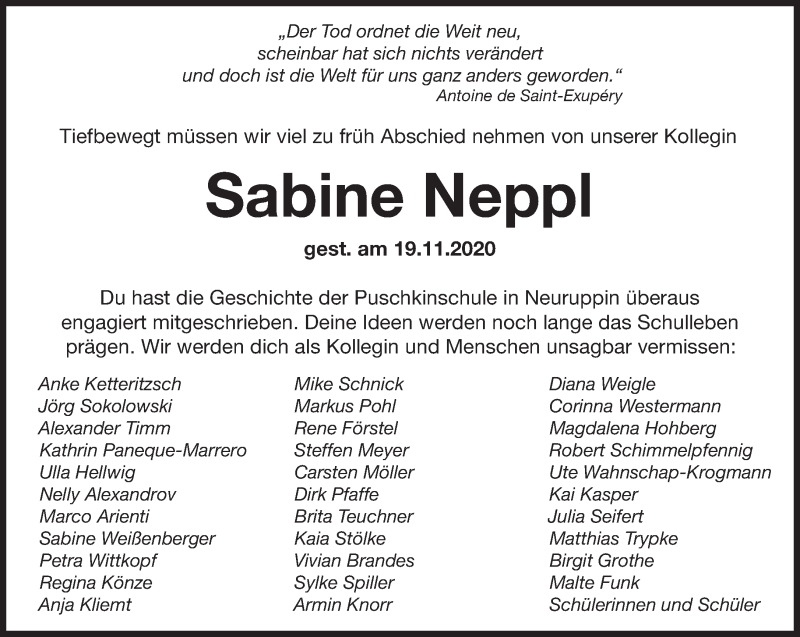  Traueranzeige für Sabine Neppl vom 28.11.2020 aus Märkische Oderzeitung