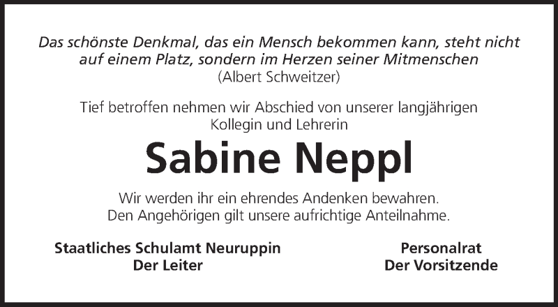 Traueranzeige für Sabine Neppl vom 28.11.2020 aus Märkische Oderzeitung