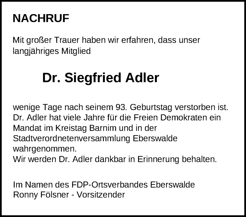  Traueranzeige für Siegfried Adler vom 08.11.2020 aus Märkische Oderzeitung