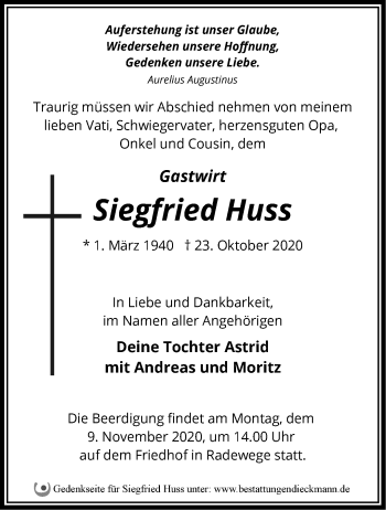 Traueranzeige von Siegfried Huss von Märkische Oderzeitung