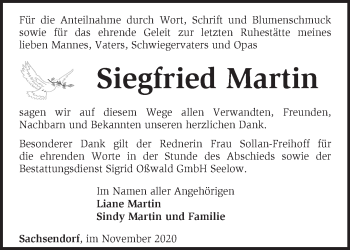 Traueranzeige von Siegfried Martin von Märkische Oderzeitung