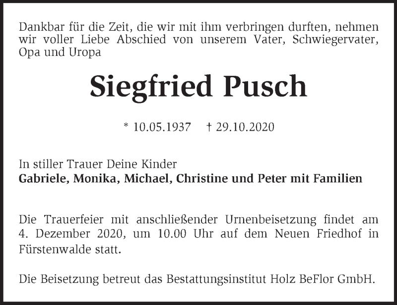  Traueranzeige für Siegfried Pusch vom 21.11.2020 aus Märkische Oderzeitung