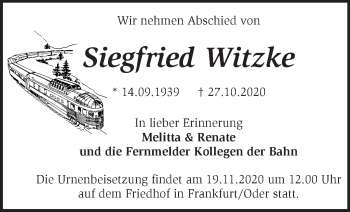 Traueranzeige von Siegfried Witzke von Märkische Oderzeitung