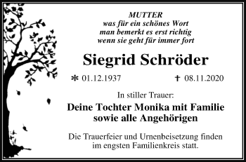 Traueranzeige von Siegrid Schröder von Märkische Oderzeitung