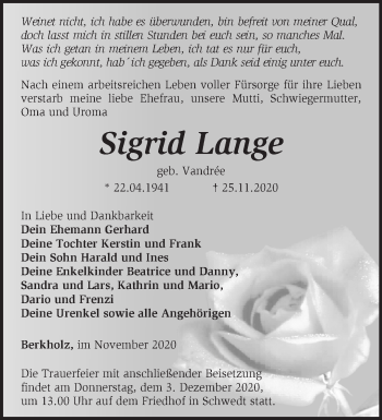 Traueranzeige von Sigrid Lange von Märkische Oderzeitung