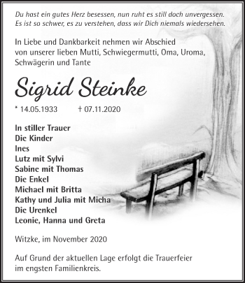 Traueranzeige von Sigrid Steinke von Märkische Oderzeitung