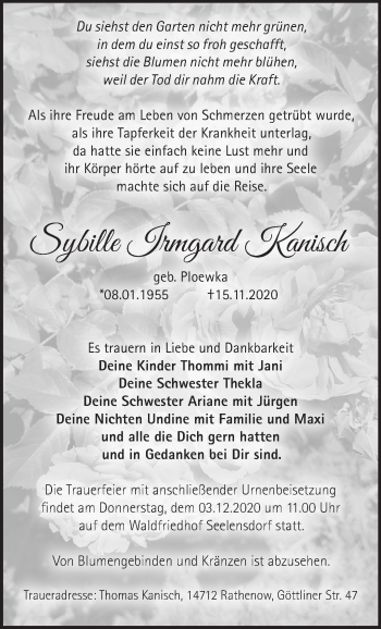 Traueranzeige von Sybille Irmgard Kanisch von Märkische Oderzeitung