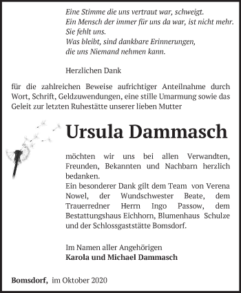 Traueranzeige von Ursula Dammasch von Märkische Oderzeitung