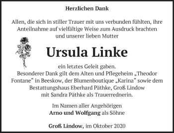 Traueranzeige von Ursula Linke von Märkische Oderzeitung