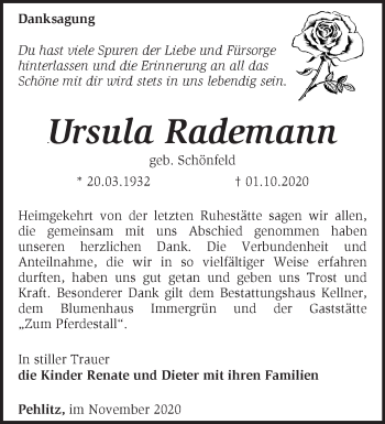 Traueranzeige von Ursula Rademann von Märkische Oderzeitung