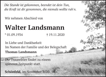 Traueranzeige von Walter Landsmann von Märkische Oderzeitung