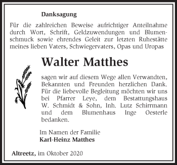 Traueranzeige von Walter Matthes von Märkische Oderzeitung