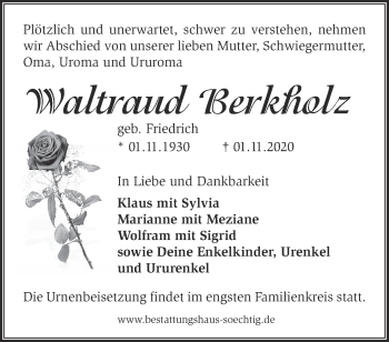 Traueranzeige von Waltraud Berkholz von Märkische Oderzeitung