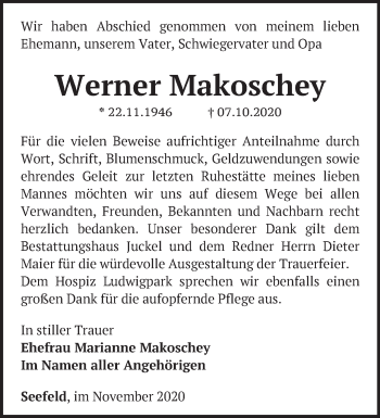 Traueranzeige von Werner Makoschey von Märkische Oderzeitung