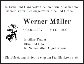 Traueranzeige von Werner Müller von Märkische Oderzeitung