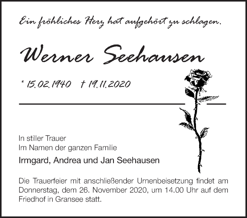  Traueranzeige für Werner Seehausen vom 21.11.2020 aus Märkische Oderzeitung