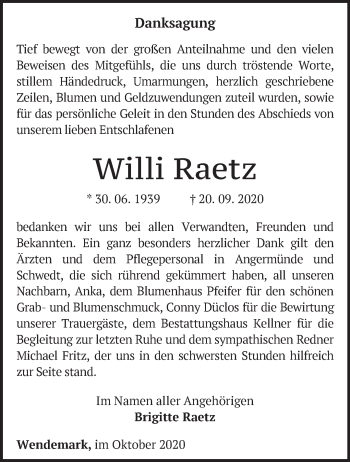 Traueranzeige von Willi Raetz von Märkische Oderzeitung