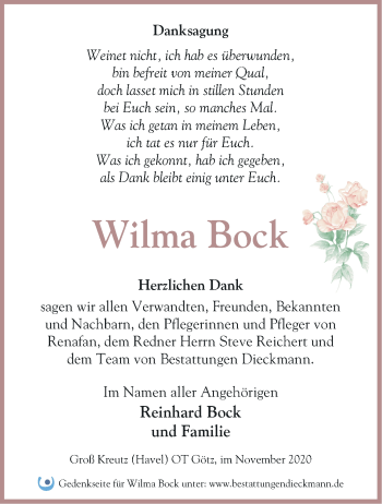 Traueranzeige von Wilma Bock von Märkische Oderzeitung