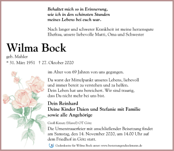 Traueranzeige von Wilma Bock von Märkische Oderzeitung