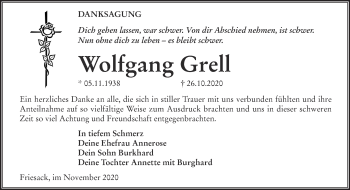 Traueranzeige von Wolfgang Grell von Märkische Oderzeitung