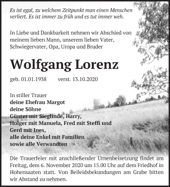 Traueranzeige von Wolfgang Lorenz von Märkische Oderzeitung